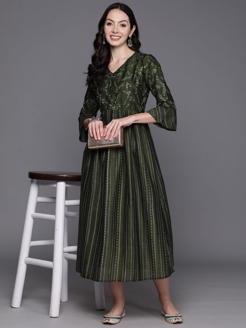 Indo Era Green Embroidered A-Line Ethnic Dress