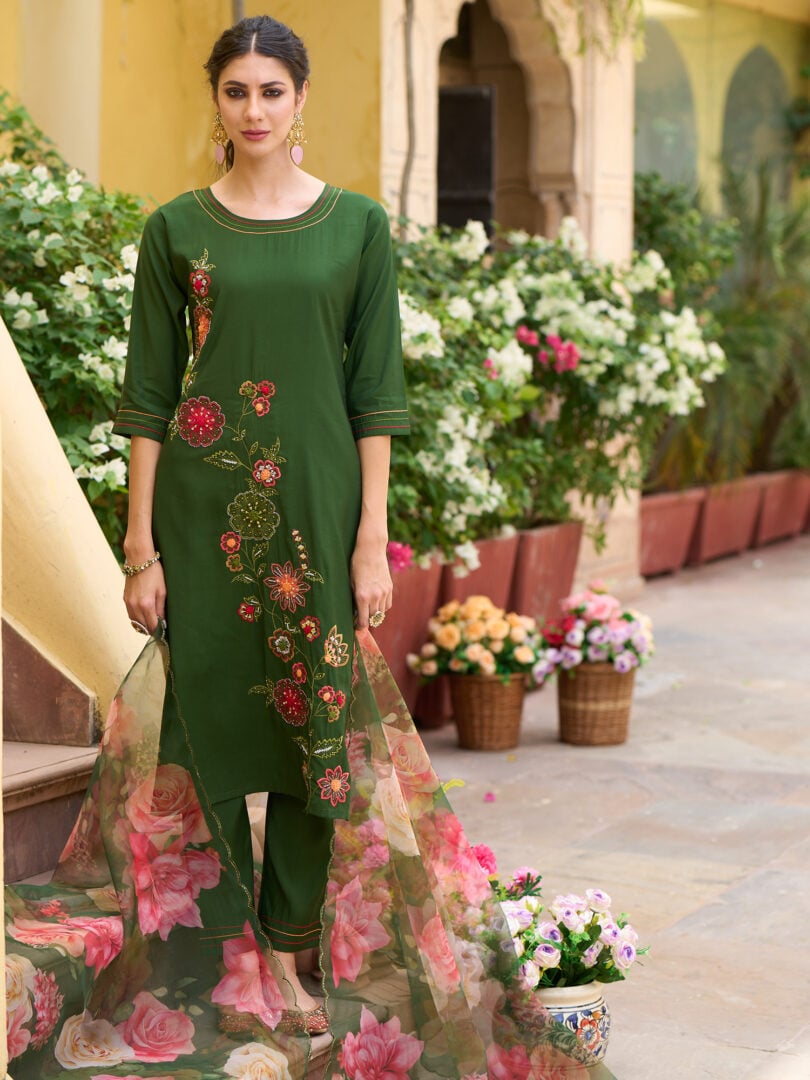 Indo Era Green Embroidered Straight Kurta Trousers With Dupatta Set