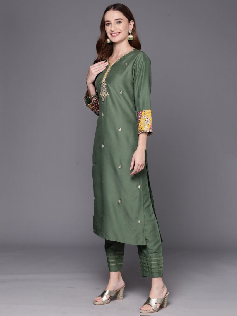 Indo Era Green Embroidered Straight Kurta Trousers With Dupatta Set