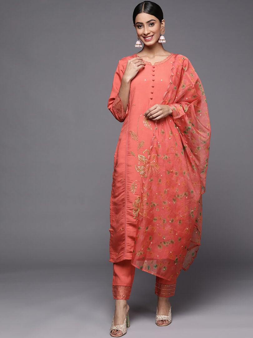 Indo Era Rust Embroidered Straight Kurta Trousers With Dupatta Set