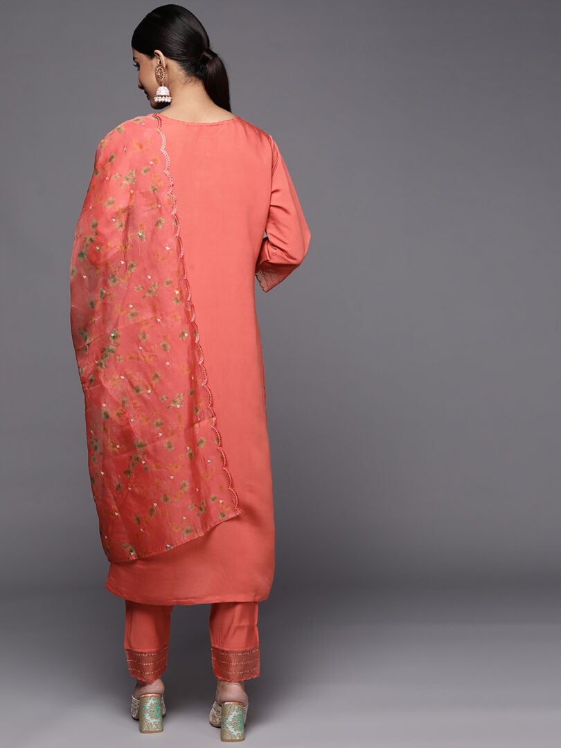 Indo Era Rust Embroidered Straight Kurta Trousers With Dupatta Set