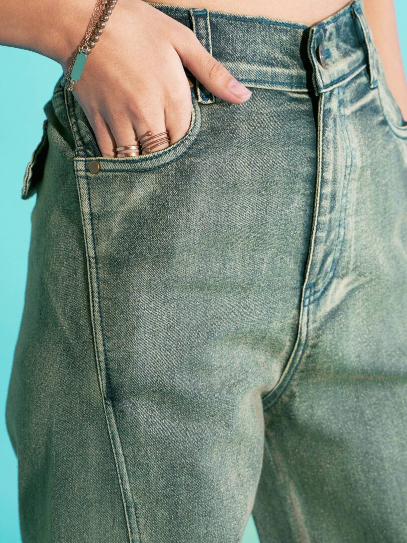 Girls Black Acid Wash Side Pocket Wide Leg Jeans
