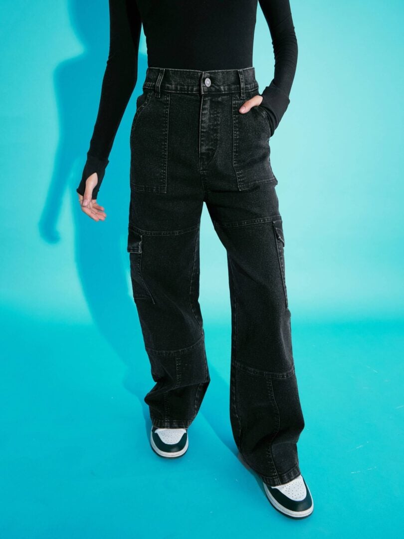 Girls Black Acid Wash Side Tape Cargo Jeans