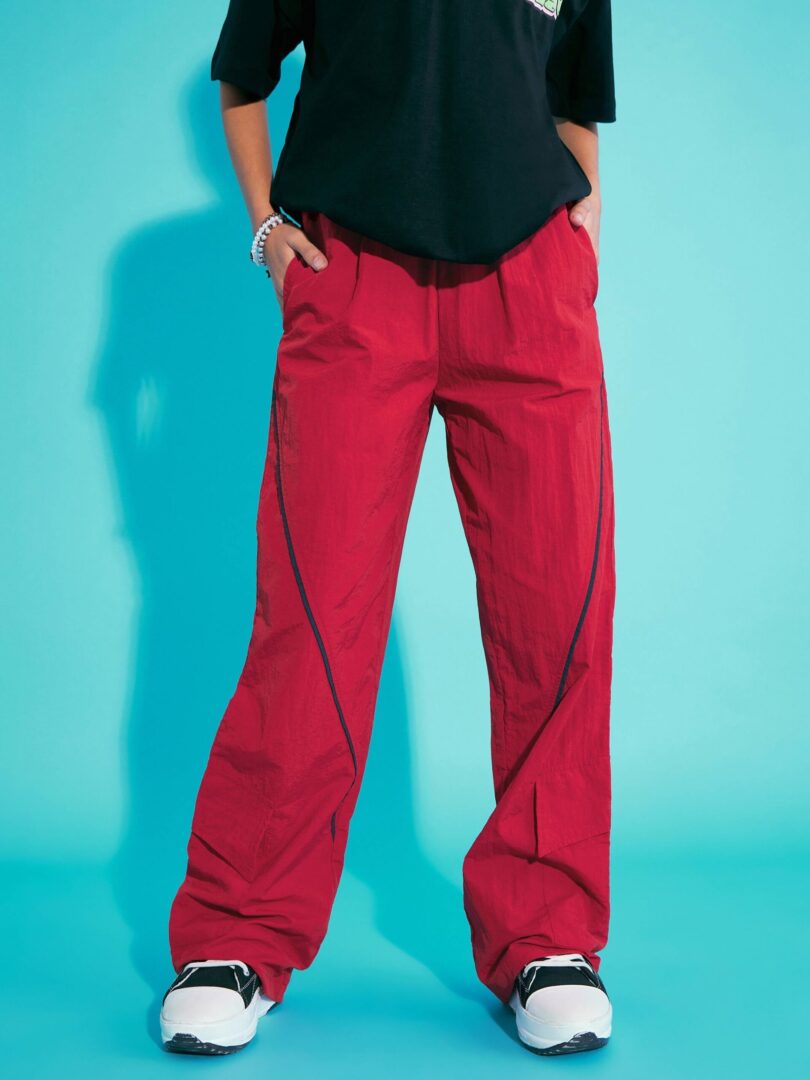 Girls Red Contrast Pocket Cargo Parachute Pants