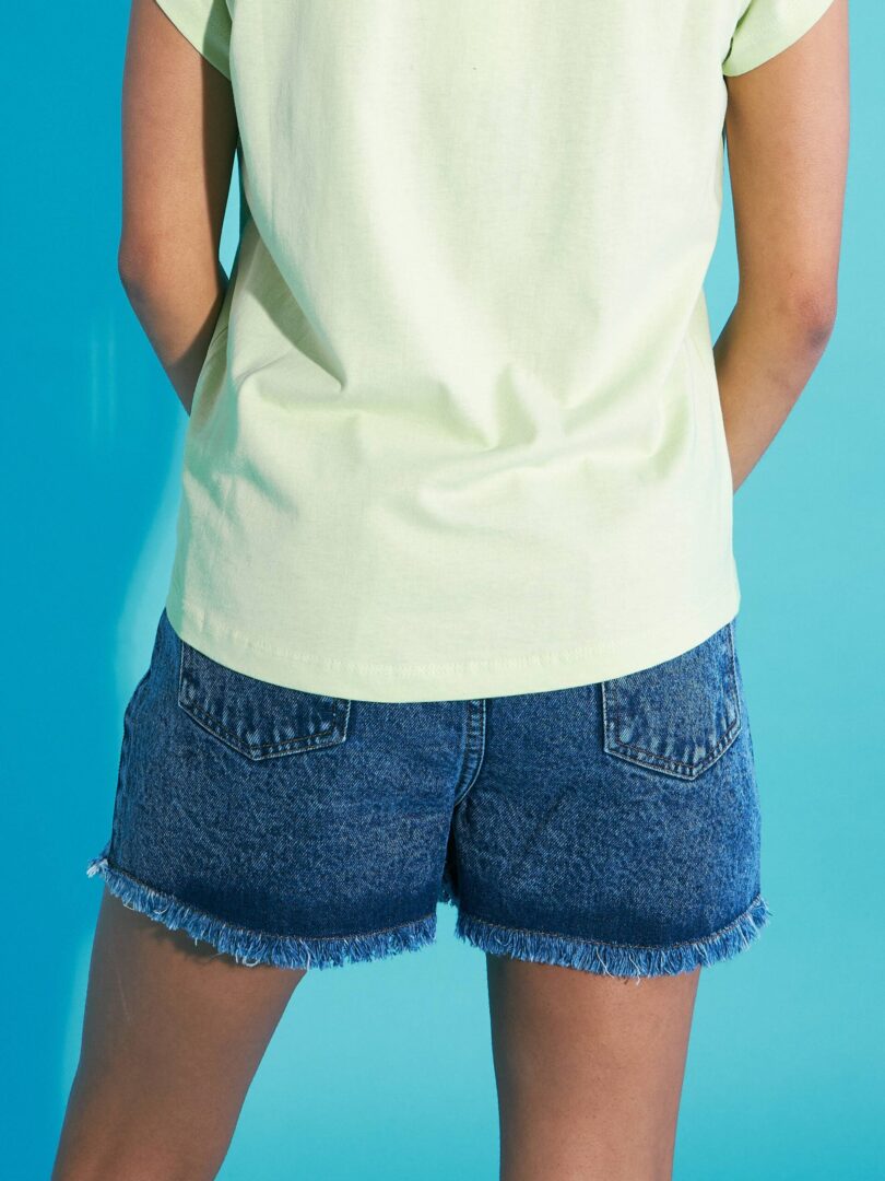Girls Blue Raw Hem One Side Pearl Denim Shorts