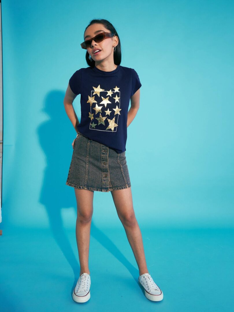 Girls Navy Stars Print T-Shirt With Mini Skirt