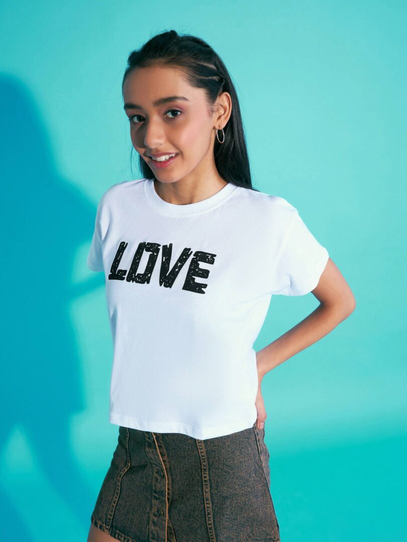 Girls White LOVE Print Crop T-Shirt