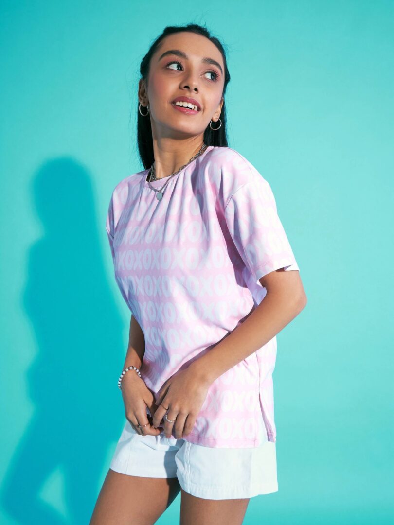 Girls Pink XOXO Print Knit Drop Shoulder Top