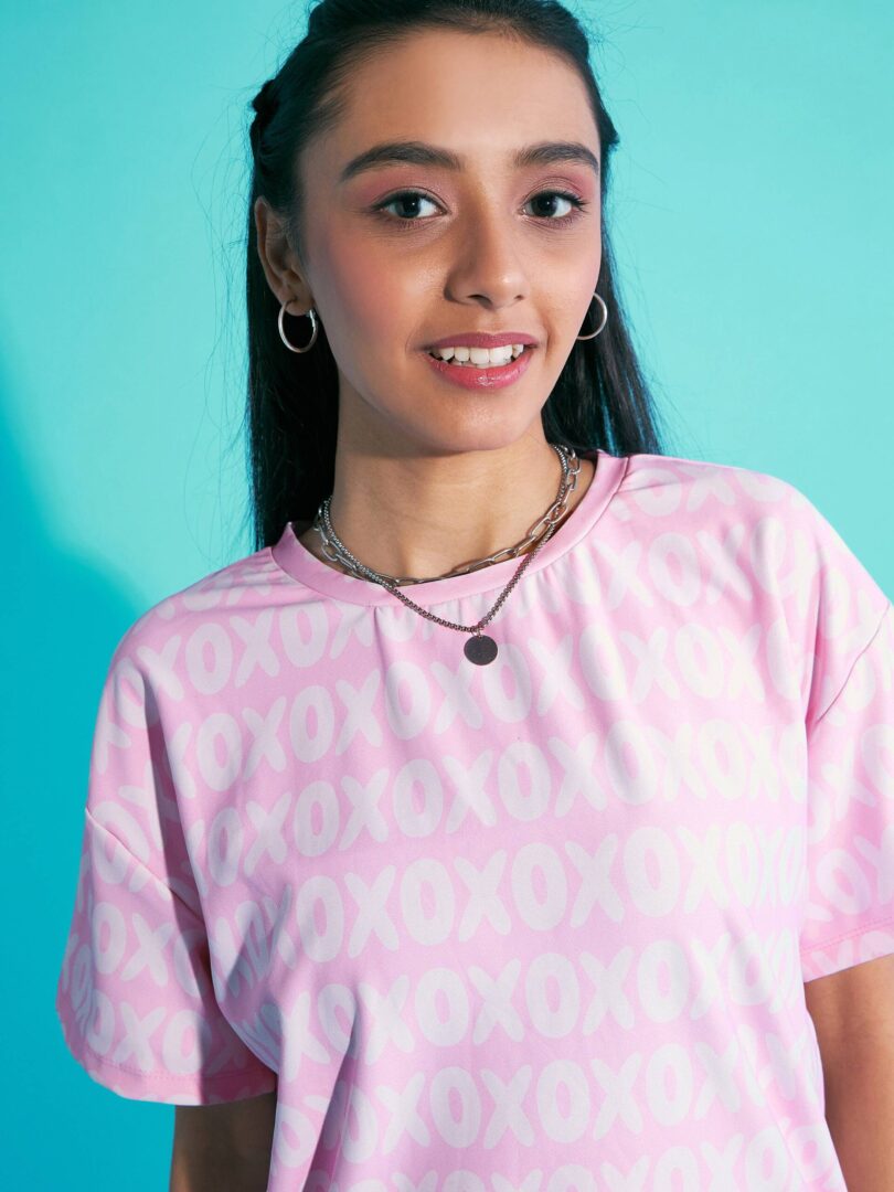 Girls Pink XOXO Print Knit Drop Shoulder Top
