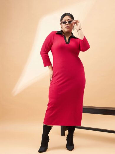 Women Red Rib Contrast Collar Midi Dress
