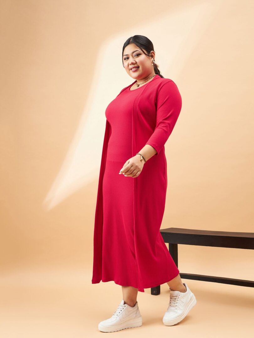 Women Red Rib Sleeveless Bodycon Dress With Shrug