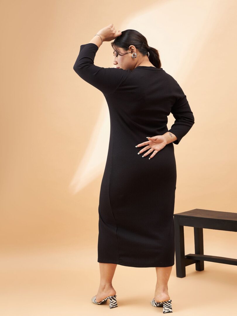 Women Black Rib Front Button V-Neck Midi Dress