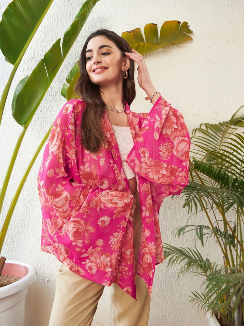 Women Pink Floral Front Open Kimono Shrug - One Size