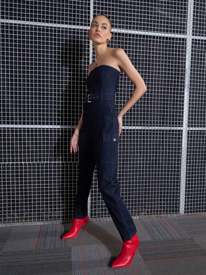 Women Navy Blue Off-Shoulder Belted Jumpsuit