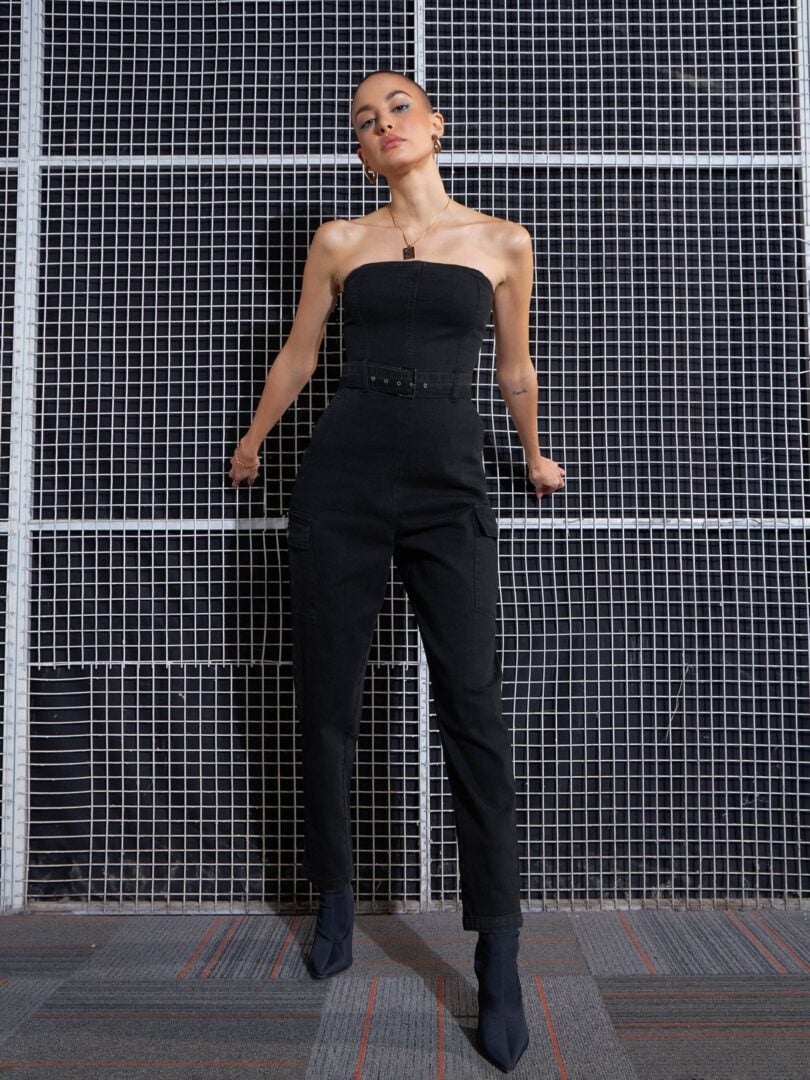 Women Black Acid Wash Off-Shoulder Belted Jumpsuit