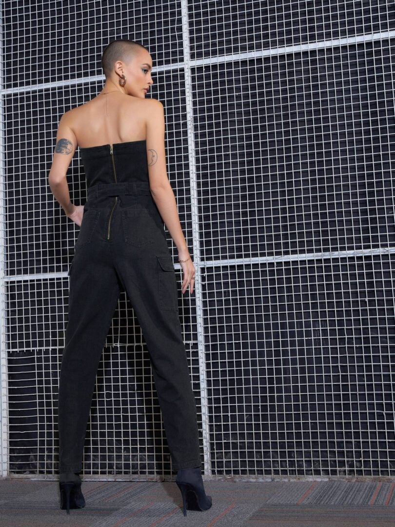 Women Black Acid Wash Off-Shoulder Belted Jumpsuit