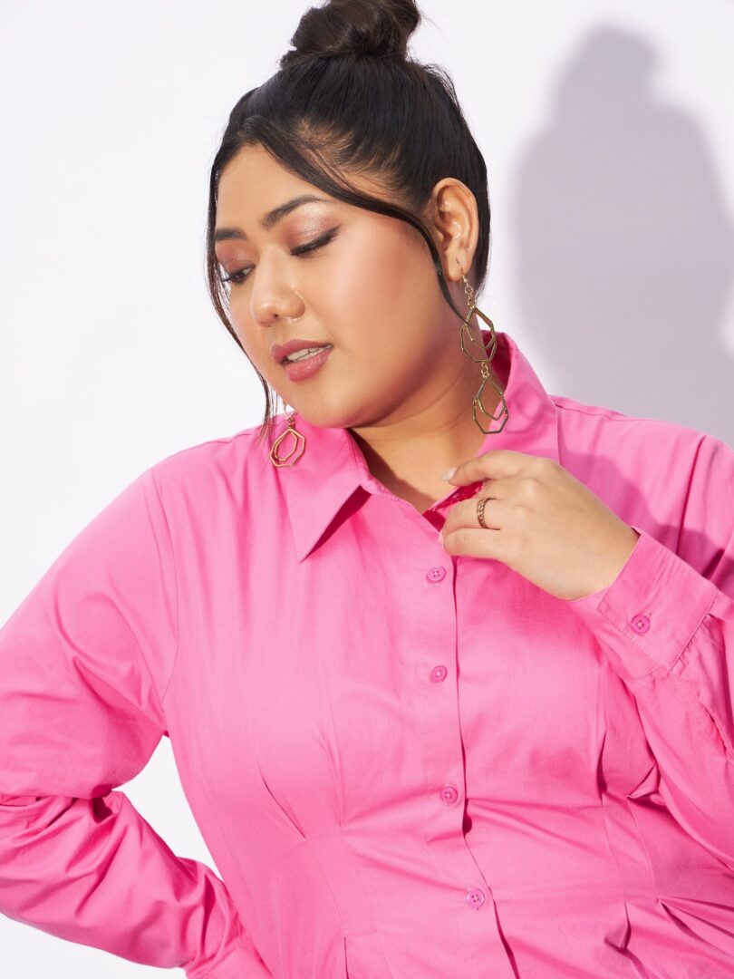 Women Pink Poplin Pleated Slim Waist Shirt
