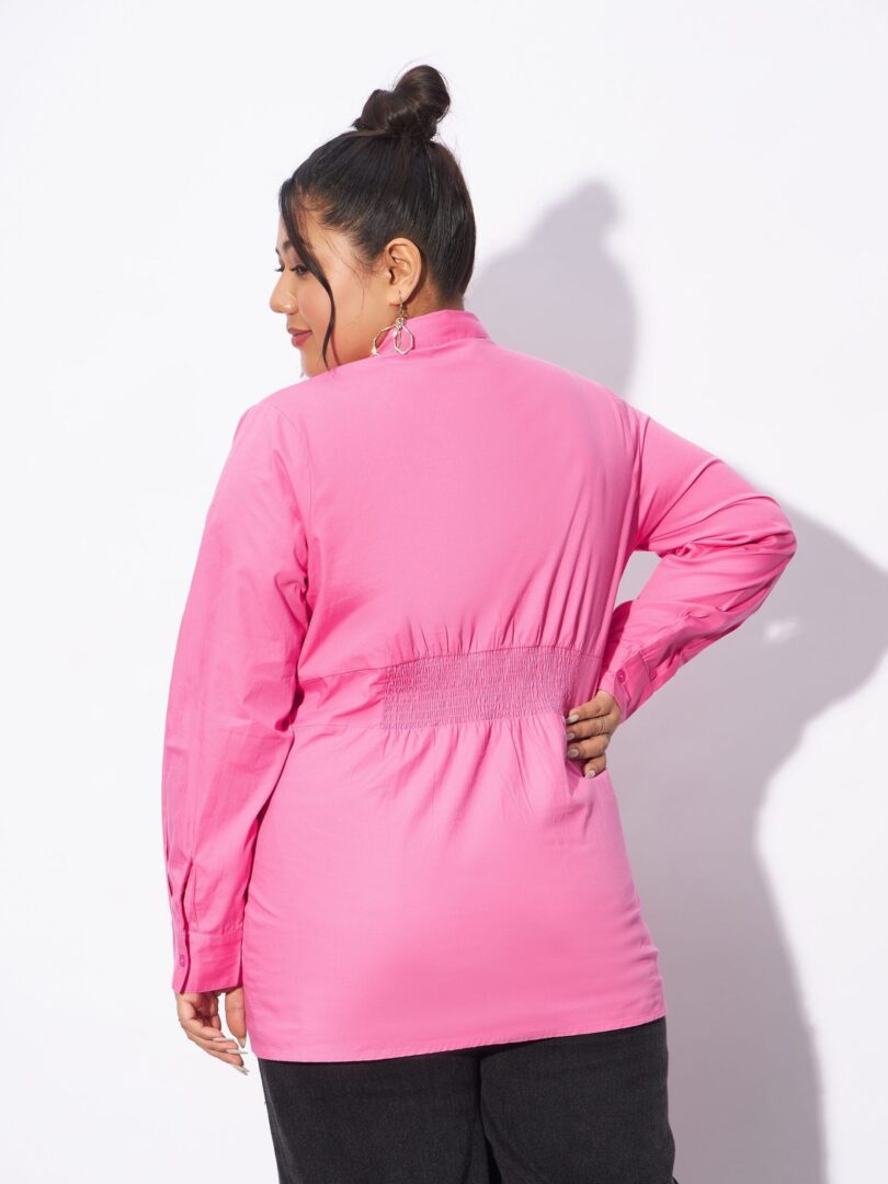 Women Pink Poplin Pleated Slim Waist Shirt