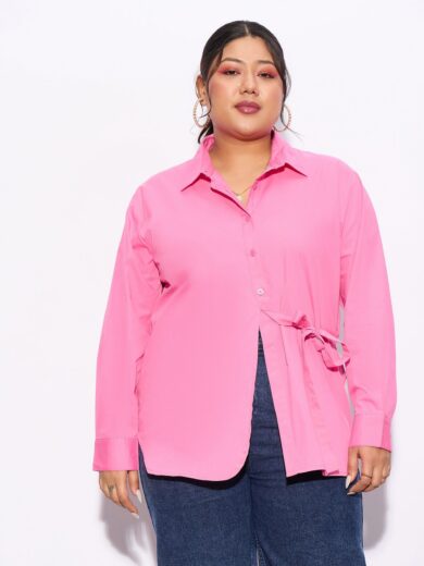 Women Pink Poplin Tie Up Shirt