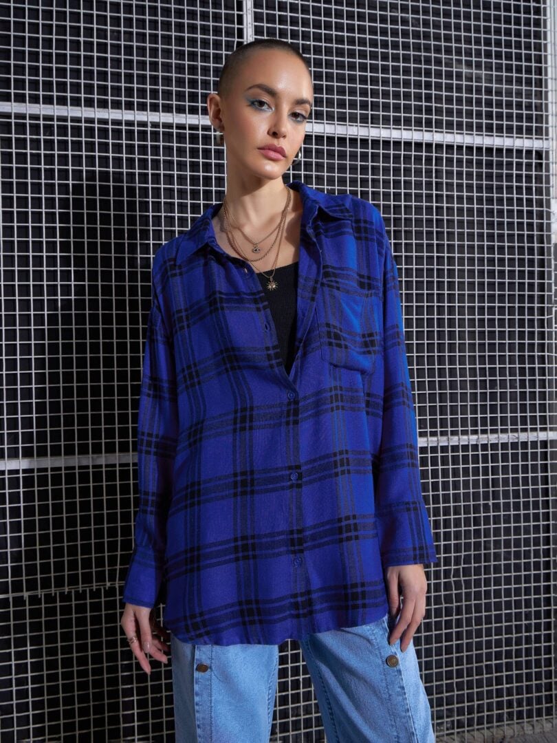 Women Royal Blue Yarn Dyed Check Oversized Shirt