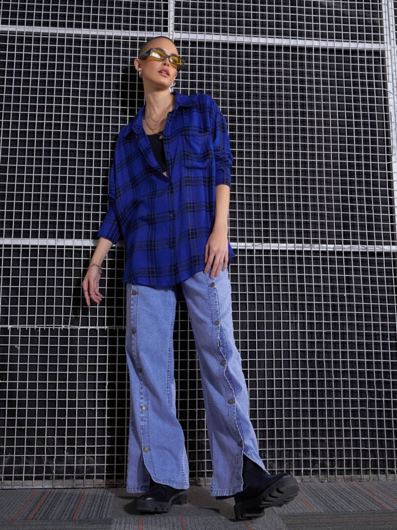 Women Royal Blue Yarn Dyed Check Oversized Shirt