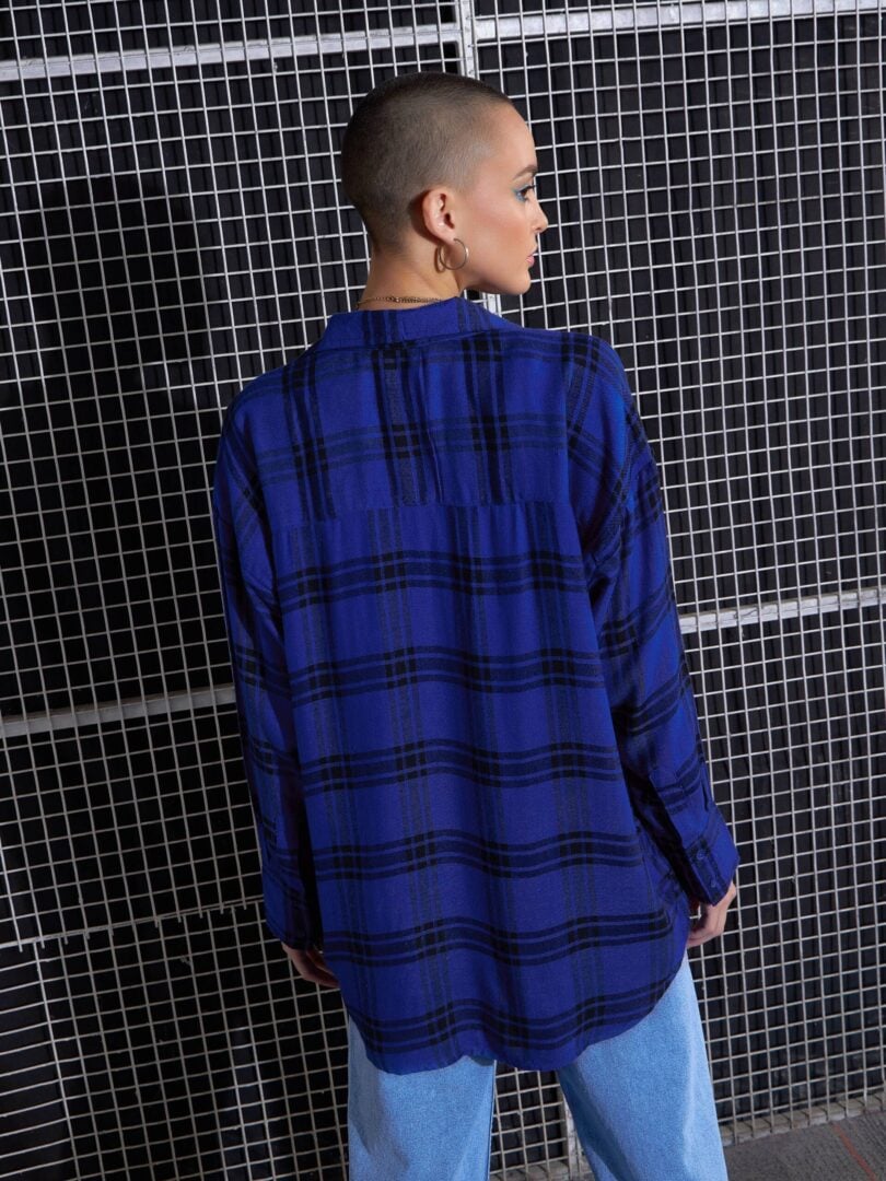 Women Royal Blue Yarn Dyed Check Oversized Shirt