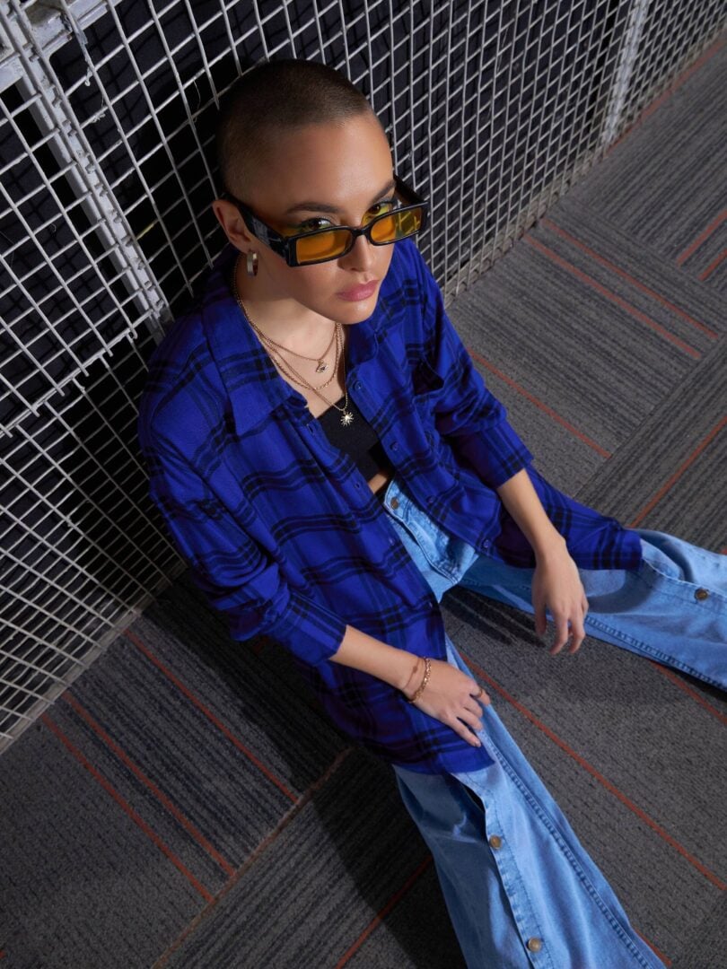 Women Royal Blue Yarn Dyed Check Oversized Shirt