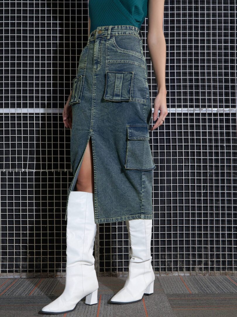 Women Green Washed Denim Box Pocket Midi Skirt