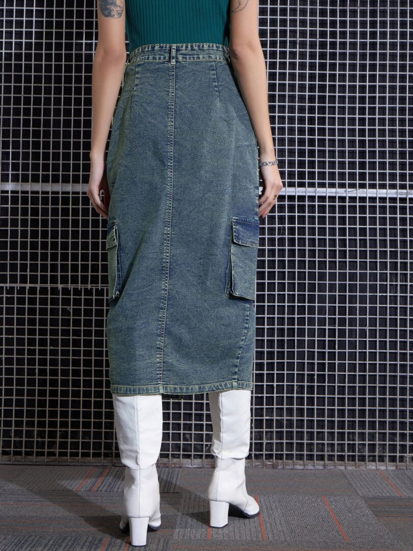 Women Green Washed Denim Box Pocket Midi Skirt