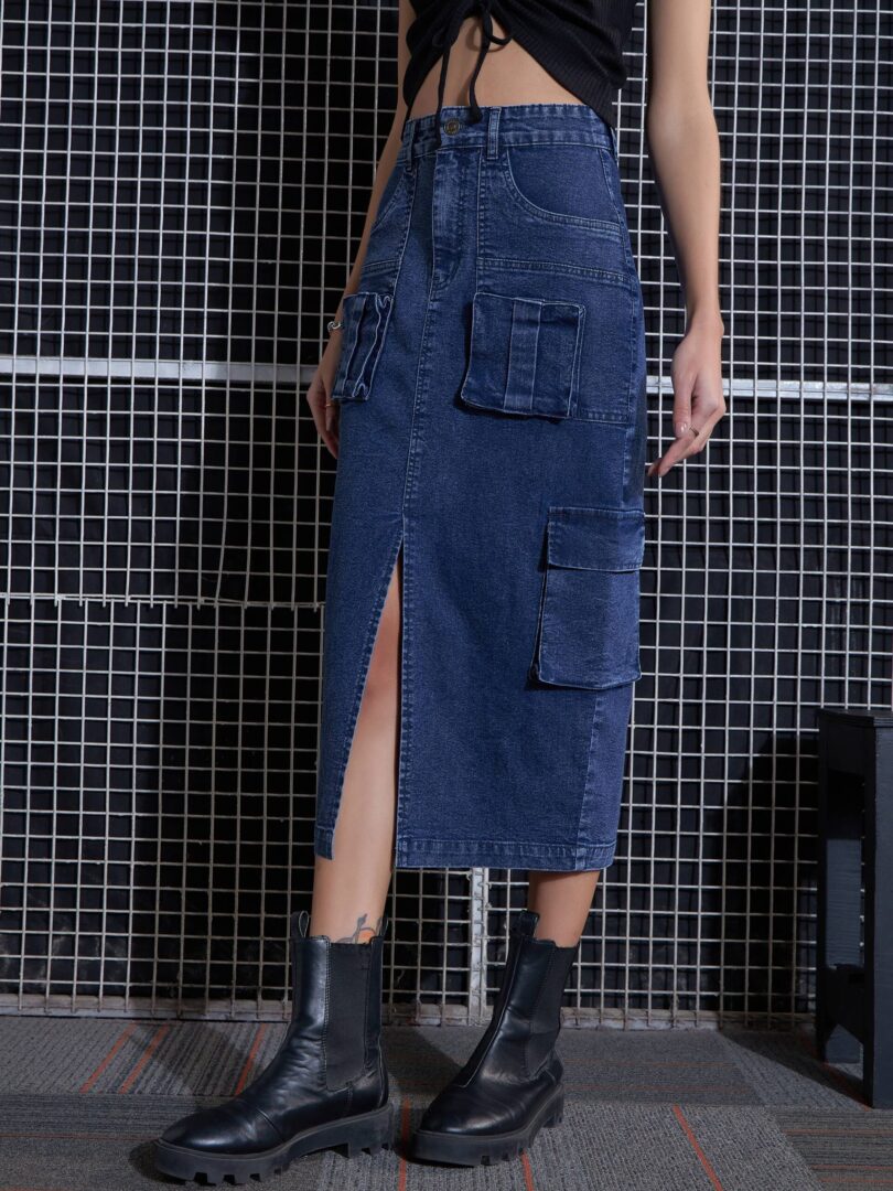 Women Blue Washed Denim Box Pocket Midi Skirt