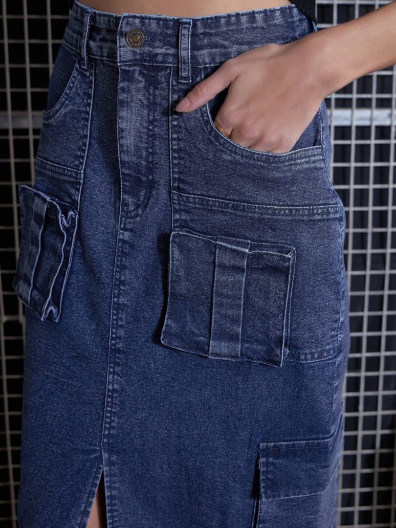 Women Blue Washed Denim Box Pocket Midi Skirt