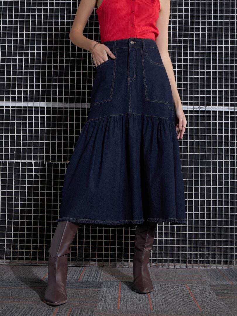 Women Navy Blast Denim Flared Midi Skirt