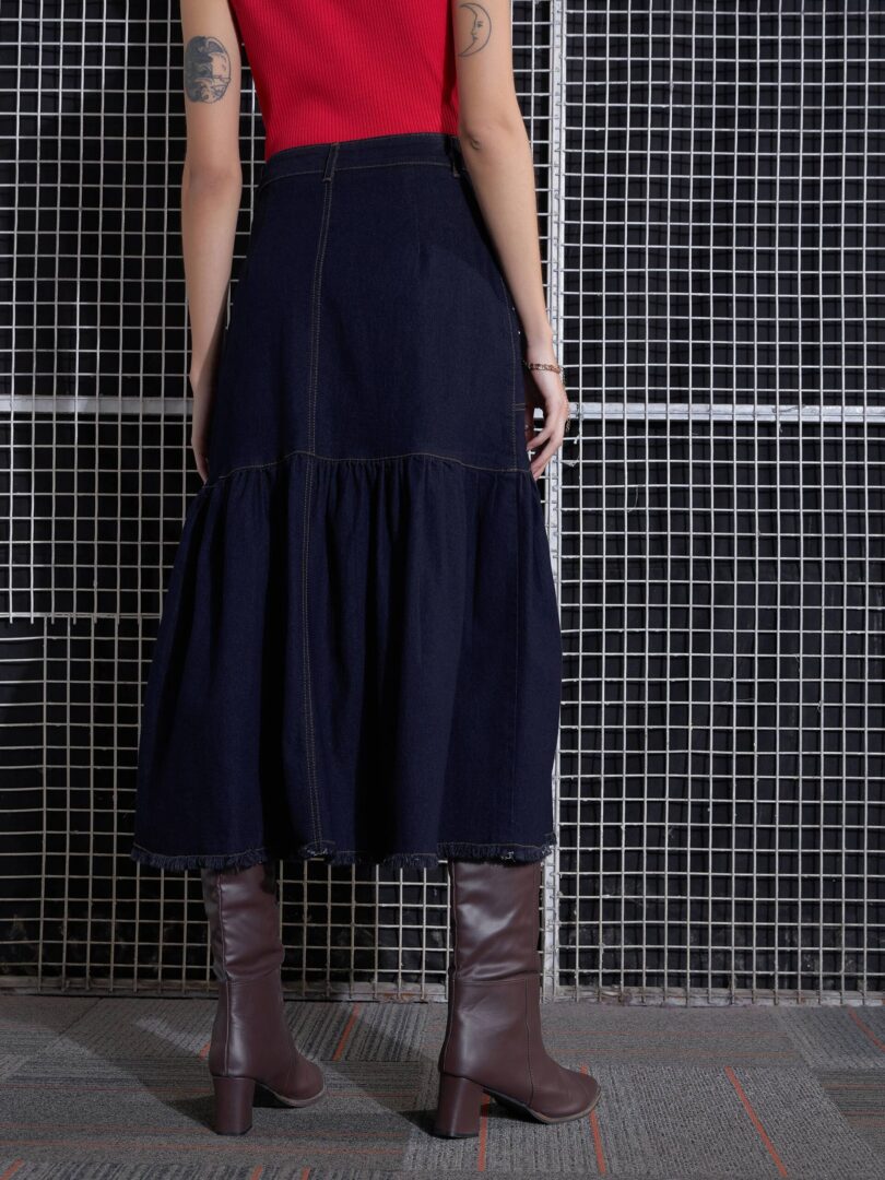 Women Navy Blast Denim Flared Midi Skirt