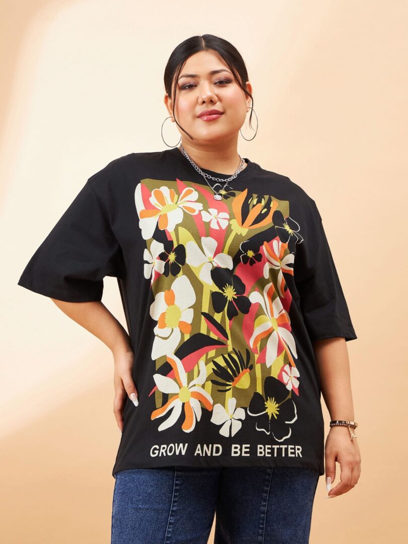 Women Black Graphic Floral Print T-Shirt