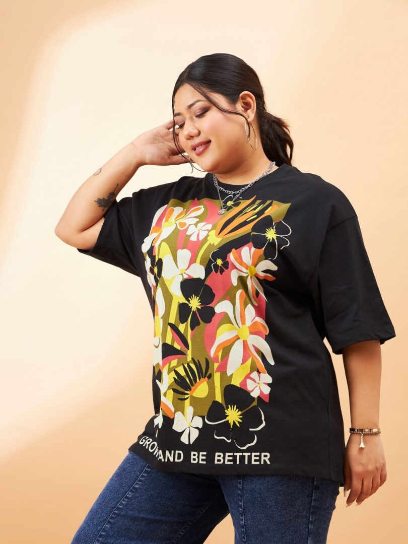 Women Black Graphic Floral Print T-Shirt
