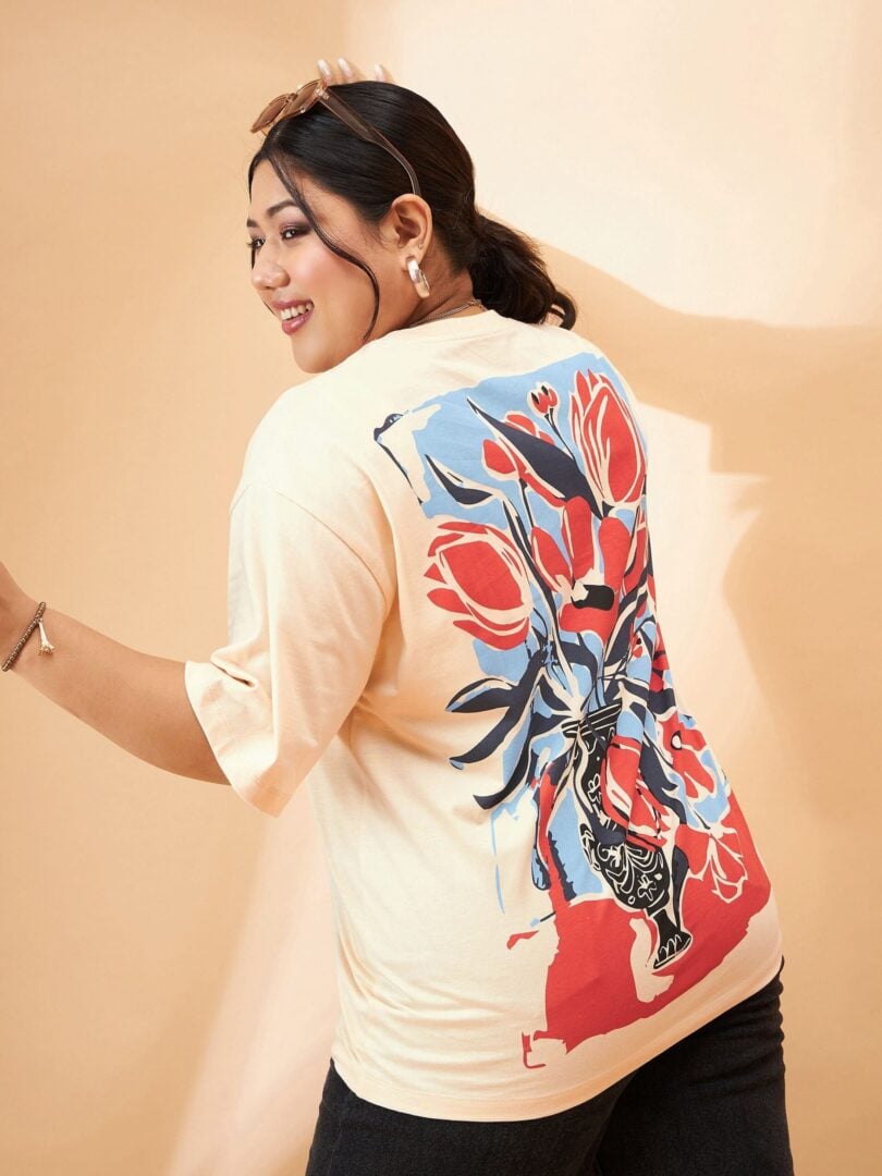 Women Beige Graphic Floral Print T-Shirt