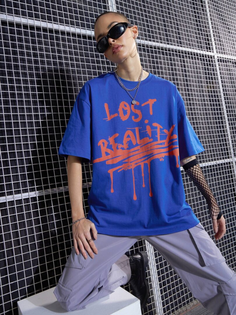 Women Royal Blue LOST REALITY Printed Oversized T-Shirt
