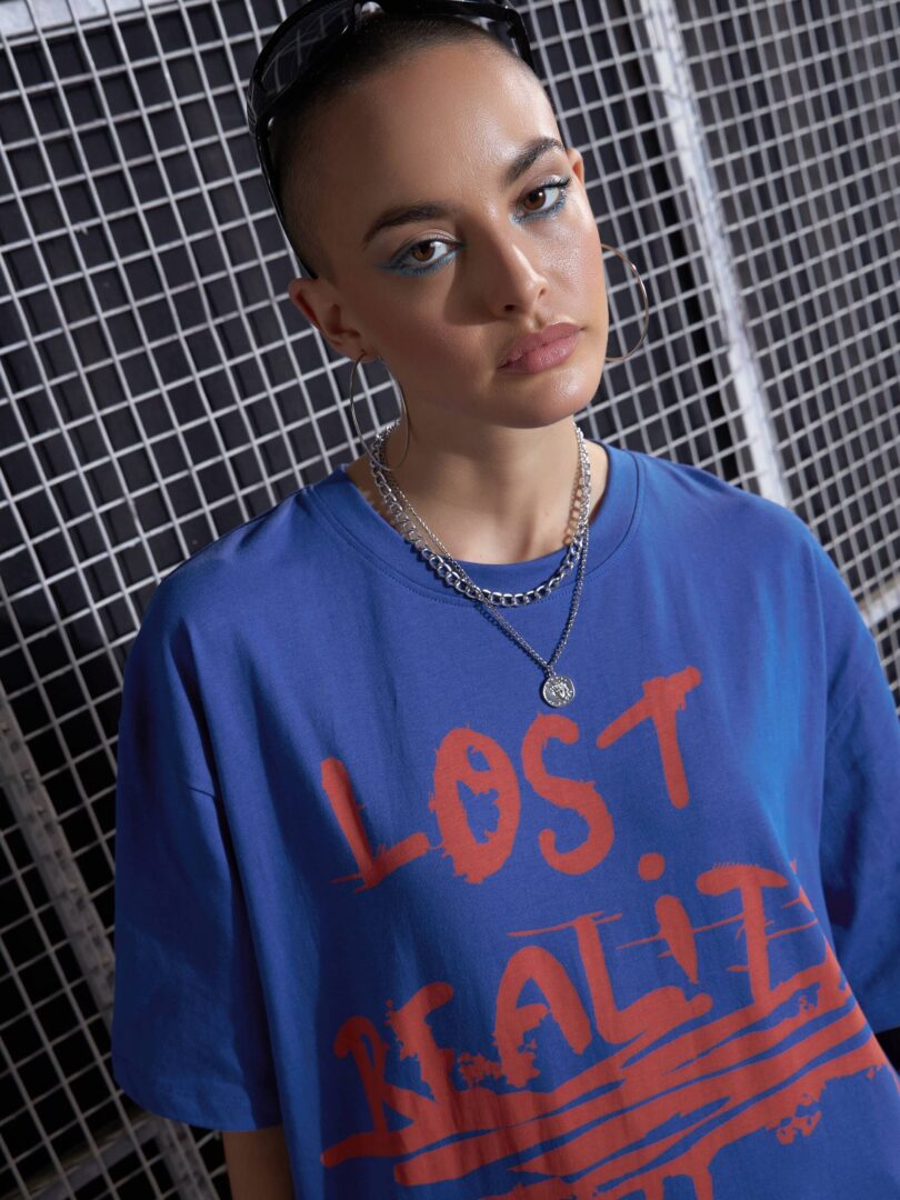 Women Royal Blue LOST REALITY Printed Oversized T-Shirt