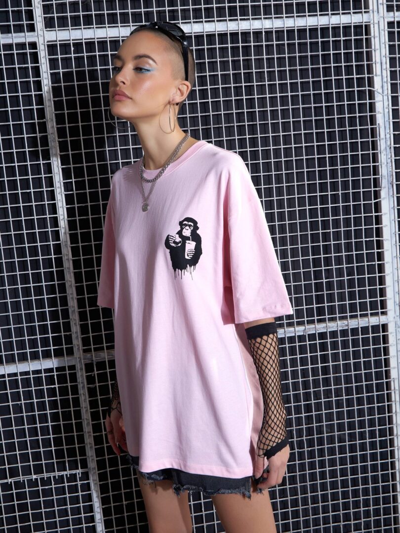 Women Pink ADDICTED Printed Oversize T-Shirt