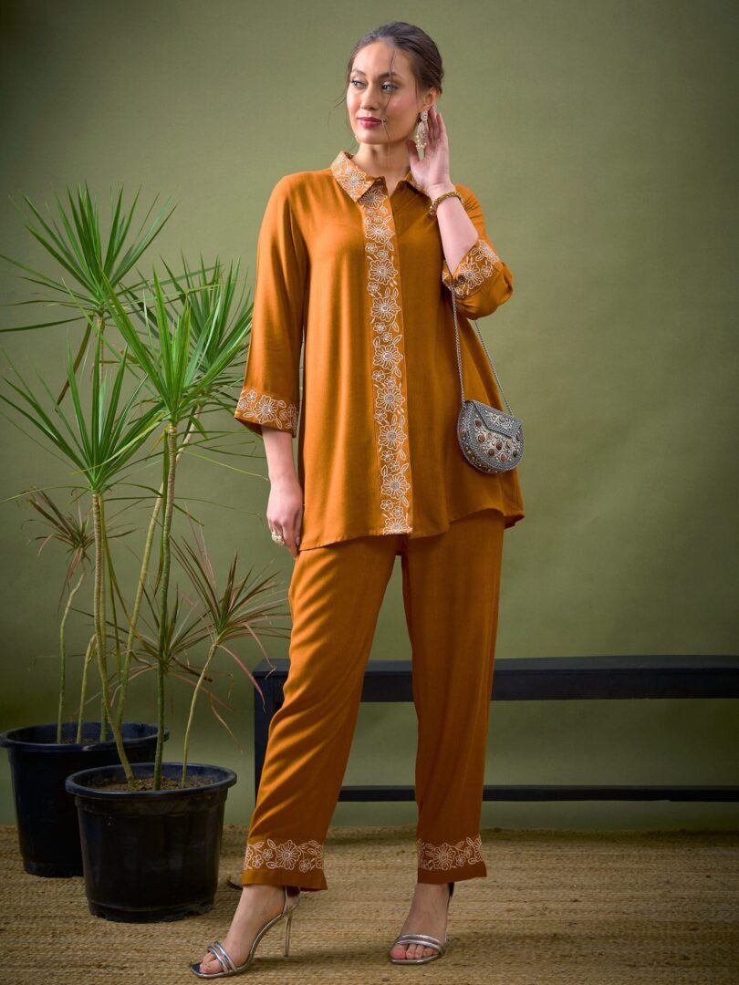 Women Mustard Collar And Placket Embroidered Shirt With Palazzos