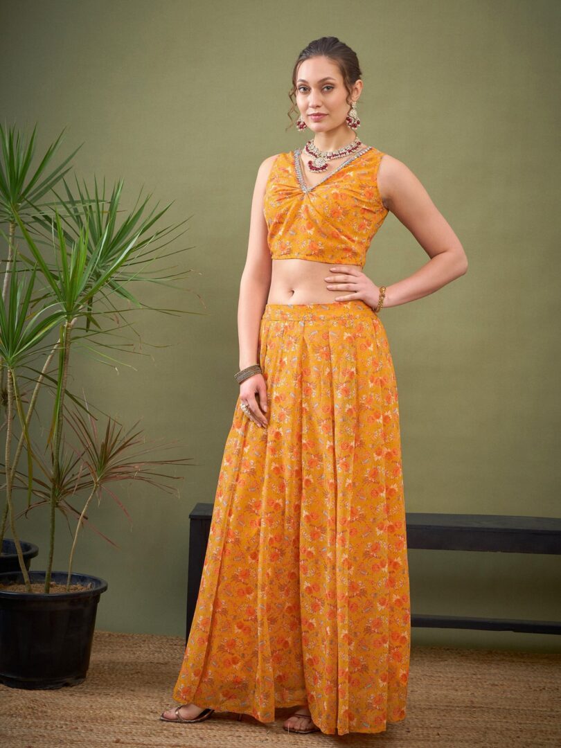 Women Yellow Floral Anarkali Skirt With Crop Top