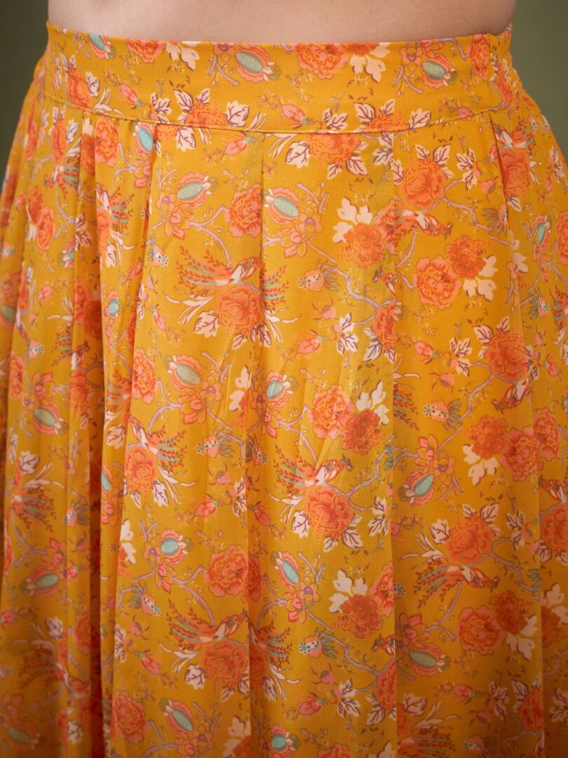 Women Yellow Floral Anarkali Skirt With Crop Top