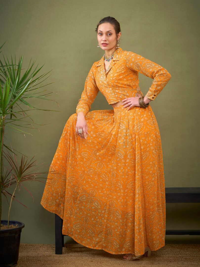 Women Yellow Floral Anarkali Skirt With Knot Crop Top