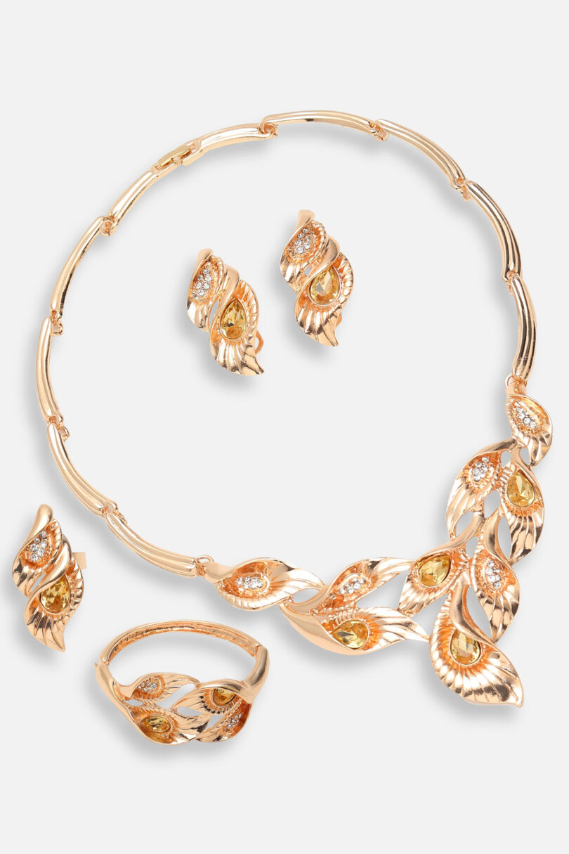 Gold Plated Designer Stone Party Necklace, Earring, Ring and Bracelet Set For Women