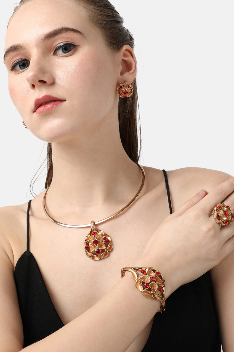 Gold Plated Designer Stone Party Necklace, Earring, Ring and Bracelet Set For Women