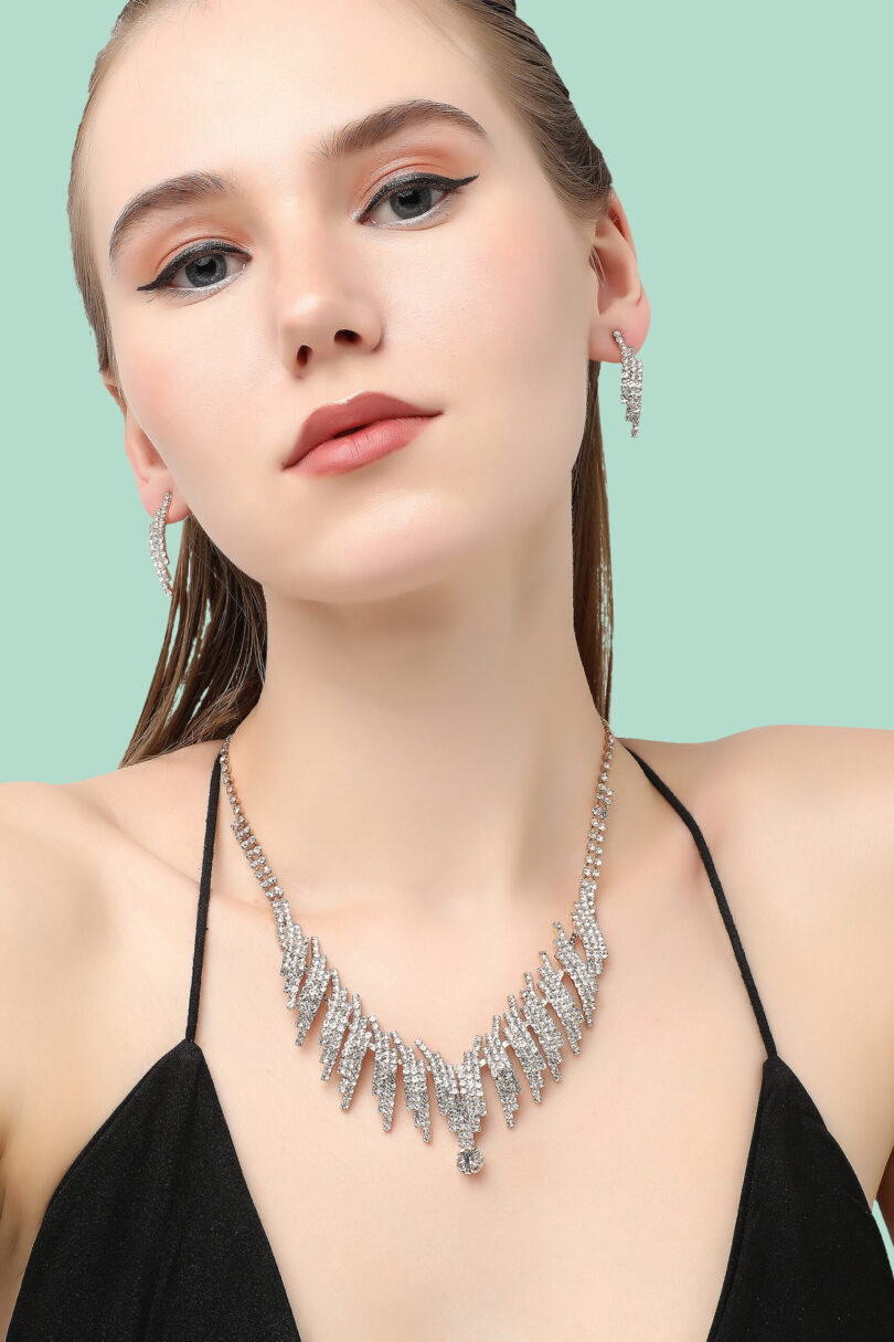 Silver Plated Designer Stone Party Necklace and Earring Set For Women