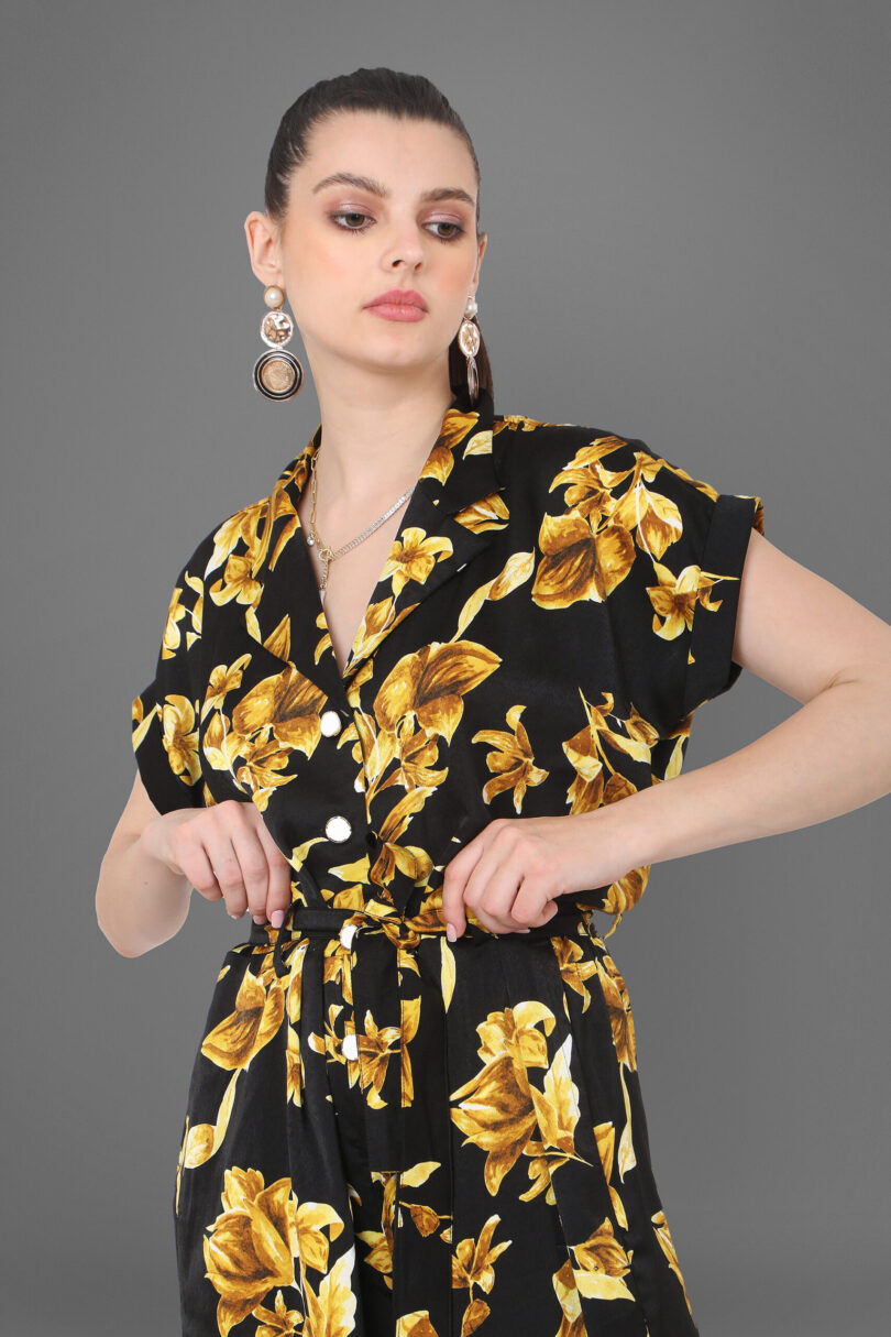 Luna Floral black and gold printed jumpsuit