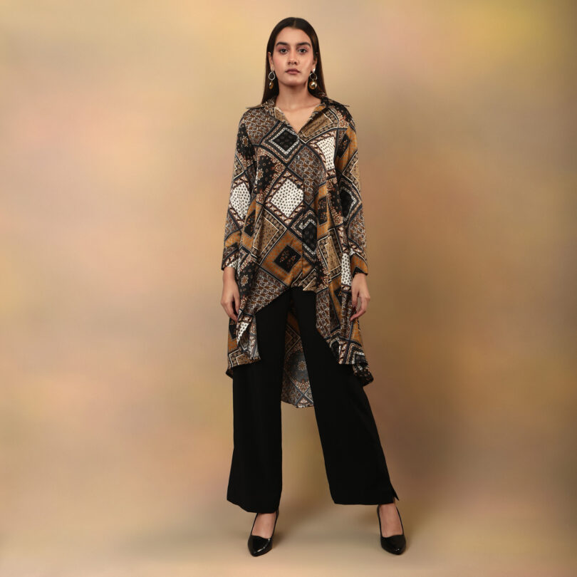 High low flared kurta brown scarf print