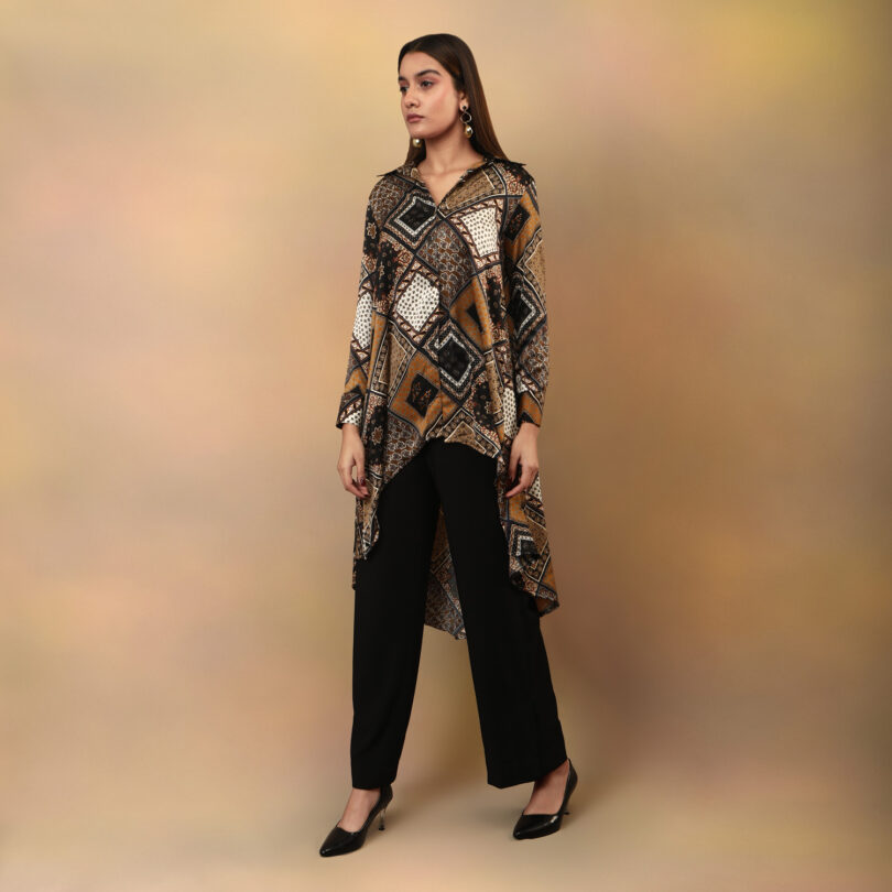 High low flared kurta brown scarf print