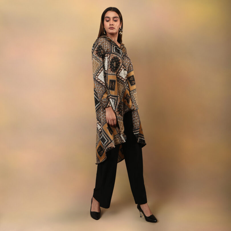 High low flared kurta brown scarf print